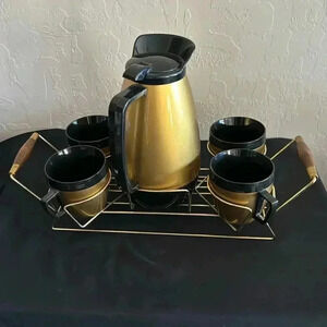 VTG MCM Thermo Serv Insulated Coffee Carafe, 4 mugs, and serving tray. Nice